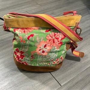 LUCKY BRAND VTG Y2K Floral Blossom Green Canvas Suede Boho Tote Handbag